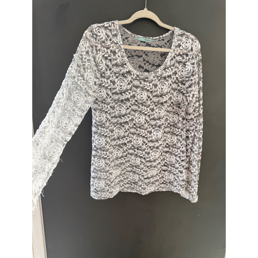 Maurices Vintage Y2K White Floral Lace Long Sl Scoop Neck Top XL Lace Romantic